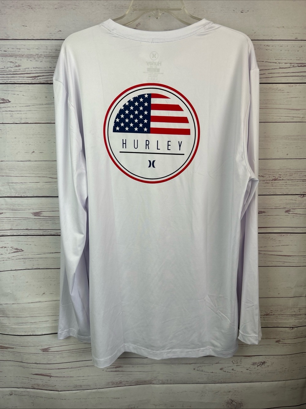 Hurley White Long Sleeve Tee with Red and Blue American Flag Graphic
